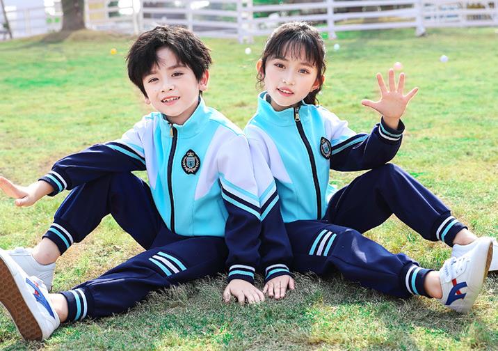 新款長袖藍色拉鏈衫中小學運動套裝校服